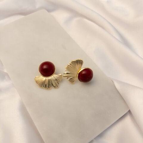 Bordo Taşlı Küpe | Altın Kaplama | Gold