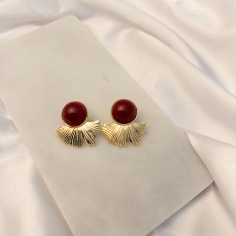 Bordo Taşlı Küpe | Altın Kaplama | Gold