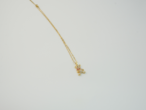 Taşlı Papyonlu Ayıcık Kolye | Kararmaz | Çelik | Gold