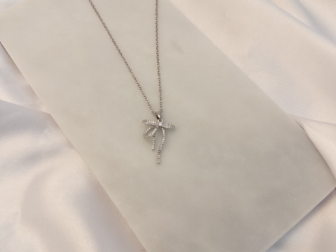 Küçük Kurdele Taşlı Kolye | Çelik | Silver