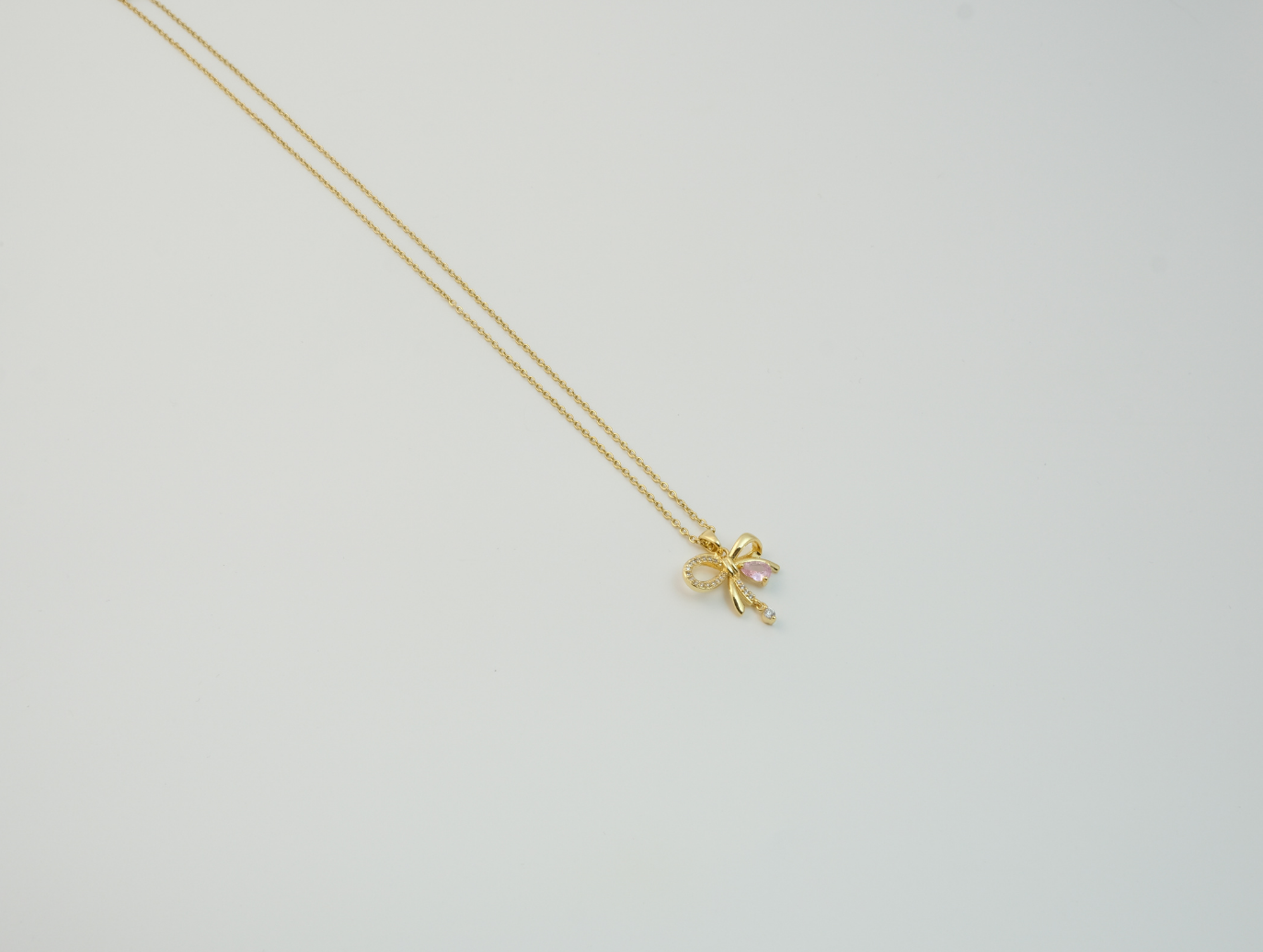 Pembe Taşlı Kurdele Kolye | Çelik | Gold