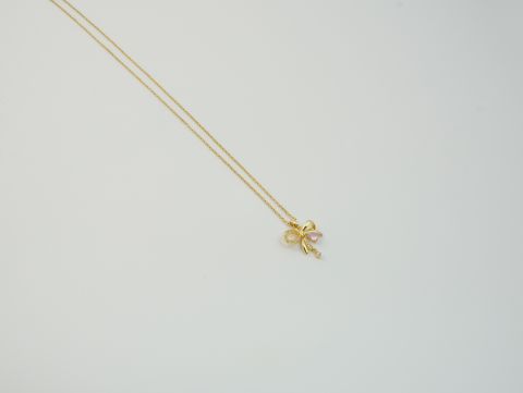 Pembe Taşlı Kurdele Kolye | Çelik | Gold