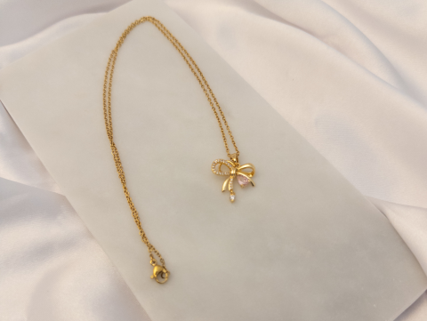 Pembe Taşlı Kurdele Kolye | Çelik | Gold