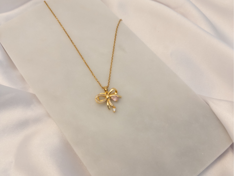 Pembe Taşlı Kurdele Kolye | Çelik | Gold
