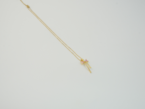 Minimal Pembe Taşlı İncili Kurdele Kolye | Çelik | Gold