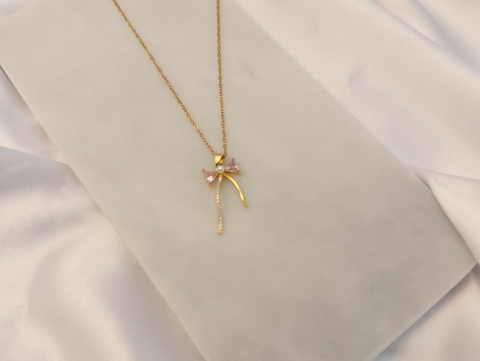 Minimal Pembe Taşlı İncili Kurdele Kolye | Çelik | Gold