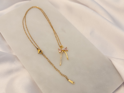 Minimal Pembe Taşlı İncili Kurdele Kolye | Çelik | Gold
