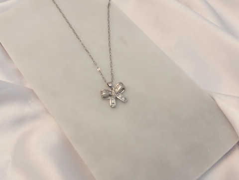 Kare Taşlı Kurdele Kolye | Çelik | Silver