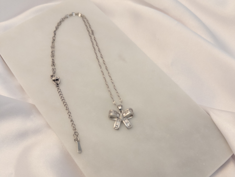 Kare Taşlı Kurdele Kolye | Çelik | Silver