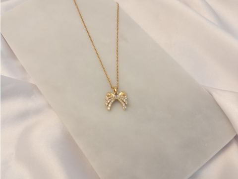 Taşlı Kurdele Kolye | Çelik | Gold