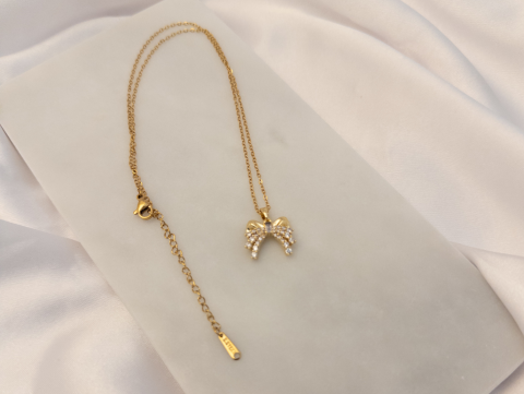 Taşlı Kurdele Kolye | Çelik | Gold