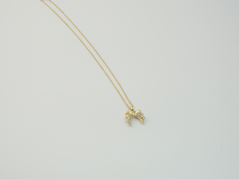 Taşlı Kurdele Kolye | Çelik | Gold