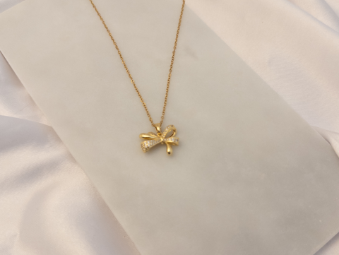Zarif Taşlı Kurdele Kolye | Çelik | Gold