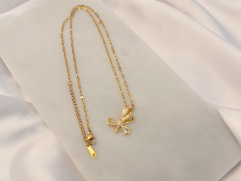 Yıldızlı Kurdele Kolye | Çelik | Gold