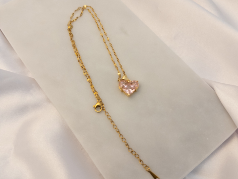 Pembe Kristal Taşlı Kolye | Çelik | Gold