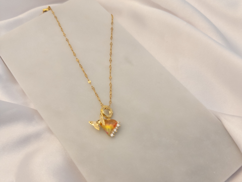 Turuncu Geçişli Kristal Taşlı Kolye | Çelik | Gold