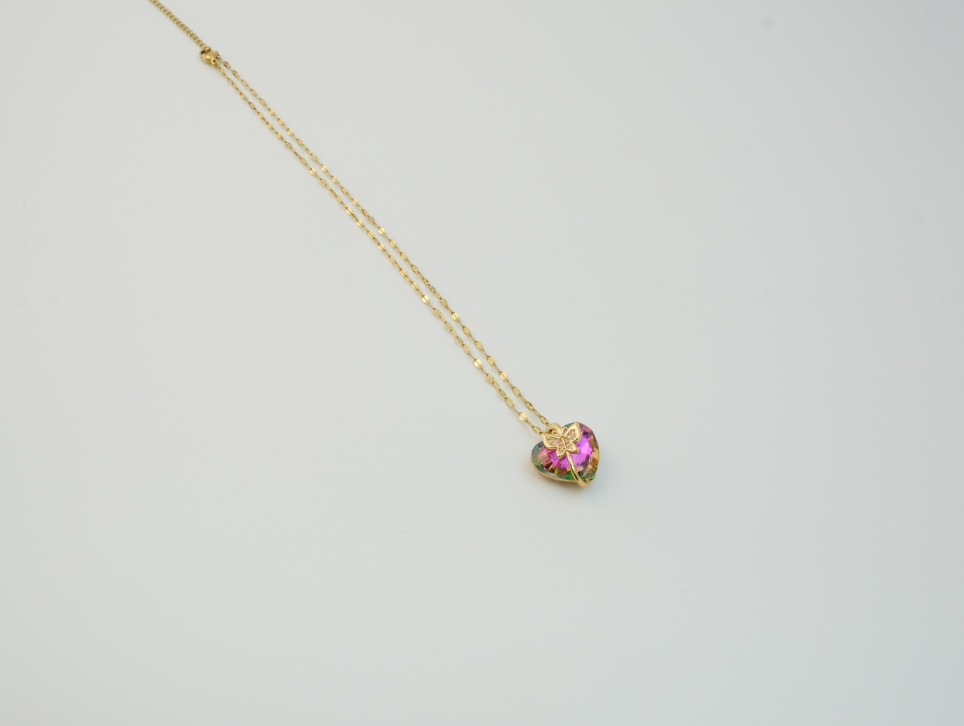 Pembe Geçişli Kristal Kalp Kolye | Çelik | Gold