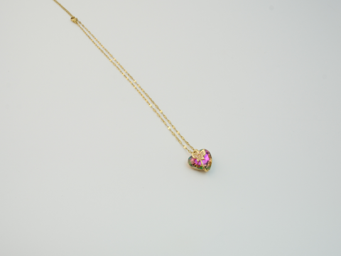 Pembe Geçişli Kristal Kalp Kolye | Çelik | Gold
