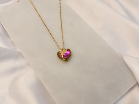 Pembe Geçişli Kristal Kalp Kolye | Çelik | Gold