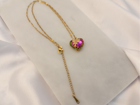 Pembe Geçişli Kristal Kalp Kolye | Çelik | Gold