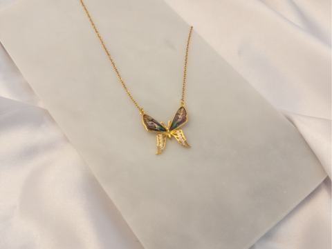 Zirkon Taşlı Renkli Kelebek Kolye | Çelik | Gold