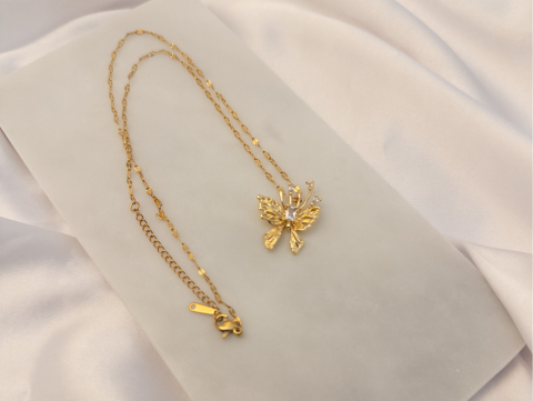 Taşlı Kelebek Kolye | Çelik | Gold