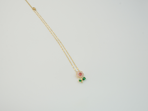 Pembe Zirkon Taşlı Çiçek Kolye | Çelik | Gold