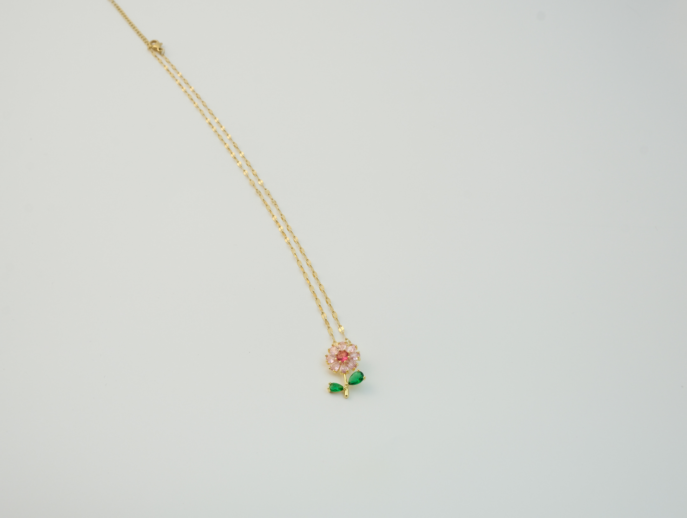Pembe Zirkon Taşlı Çiçek Kolye | Çelik | Gold