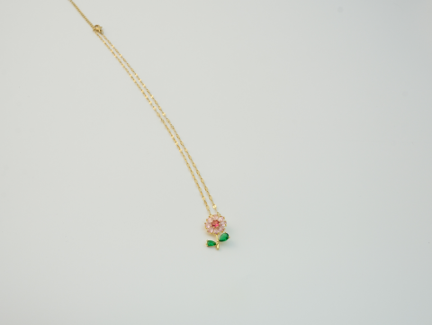 Pembe Zirkon Taşlı Çiçek Kolye | Çelik | Gold