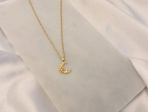 Taşlı Ay Kolye | Çelik | Gold
