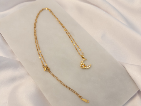 Taşlı Ay Kolye | Kararmaz | Çelik | Gold