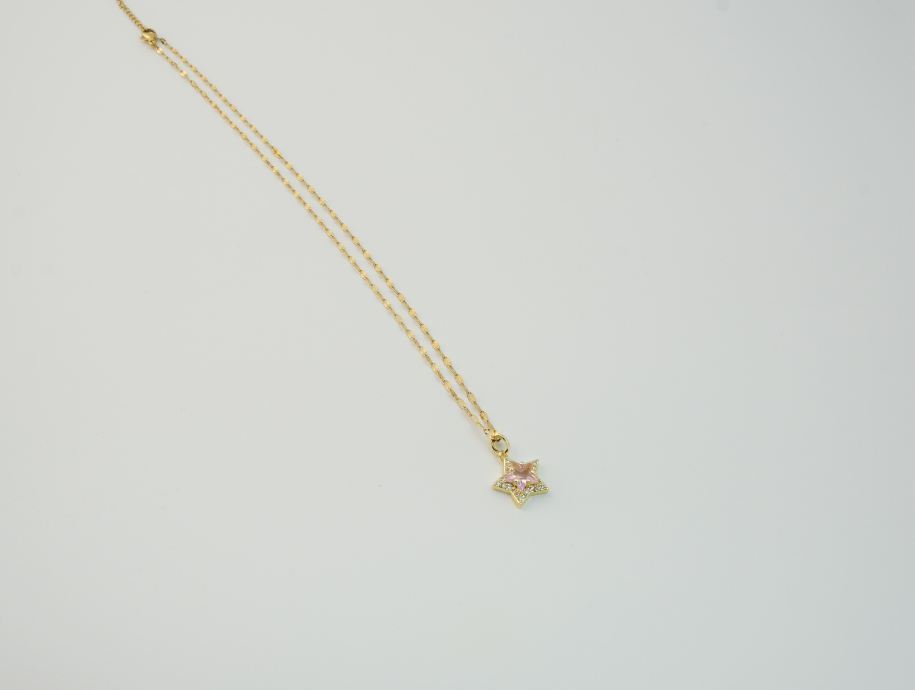 Pembe Zirkon Taşlı Yıldız Kolye | Çelik | Gold