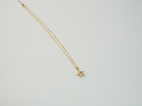 Pembe Zirkon Taşlı Yıldız Kolye | Çelik | Gold