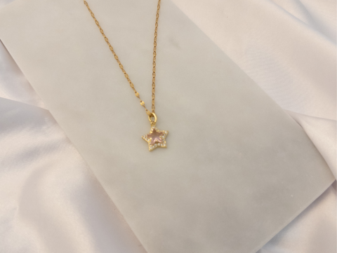 Pembe Zirkon Taşlı Yıldız Kolye | Çelik | Gold