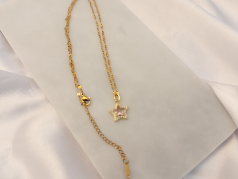 Pembe Zirkon Taşlı Yıldız Kolye | Çelik | Gold