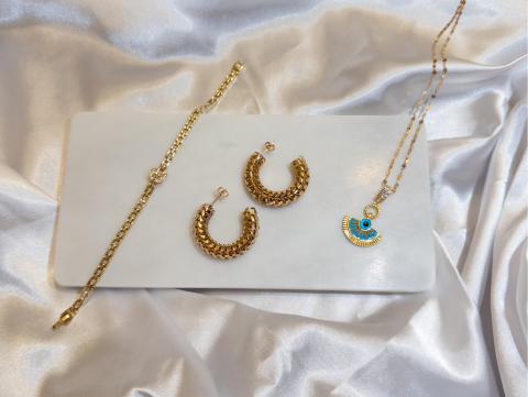 Nazar Boncuk Yelpaze Kolye Takım - Nazar Boncuk Yelpaze Kolye, Kemer Bileklik, Delikli Halka Küpe