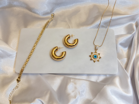 Nazar Boncuk Yıldız Kolye Takım - Nazar Boncuk Yıldız Kolye, Zincir Bileklik, Düz Halka Küpe