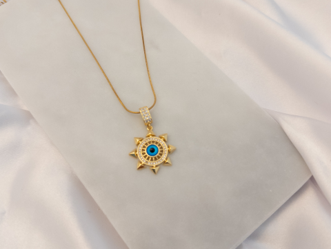 Nazar Boncuk Yıldız Kolye Takım - Nazar Boncuk Yıldız Kolye, Zincir Bileklik, Düz Halka Küpe