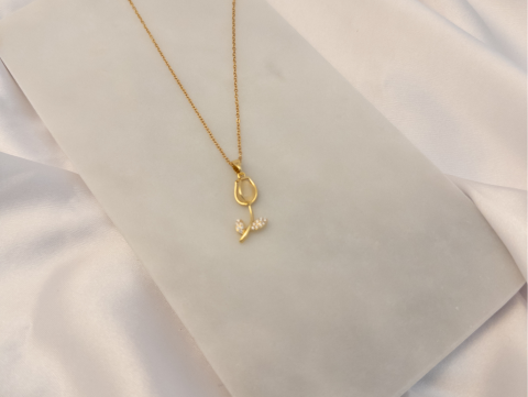 Taşlı Minimal Lale Kolye | Çelik | Gold