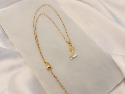 Taşlı Minimal Lale Kolye | Çelik | Gold