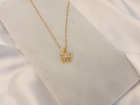 Taşlı Minimal Kelebek Kolye | Çelik | Gold