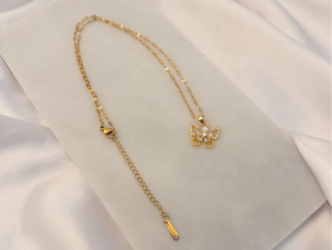 Taşlı Minimal Kelebek Kolye | Çelik | Gold