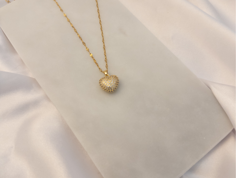 Taşlı Minimal Çift Taraflı Kalp Kolye | Çelik | Gold