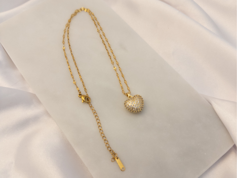 Taşlı Minimal Çift Taraflı Kalp Kolye | Çelik | Gold