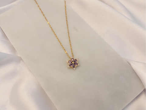 Mor Zirkon Taşlı Minimal Kolye | Çelik | Gold