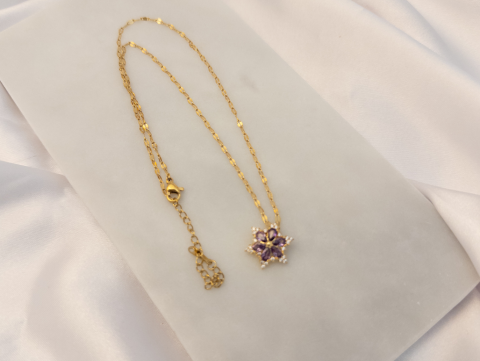 Mor Zirkon Taşlı Minimal Kolye | Çelik | Gold