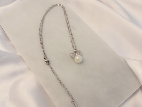 Tek İnci Kurdeleli Minimal Kolye | Çelik | Silver