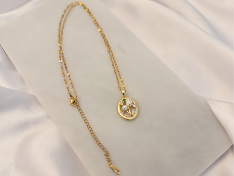 Laleli Tablo Kolye | Çelik | Gold