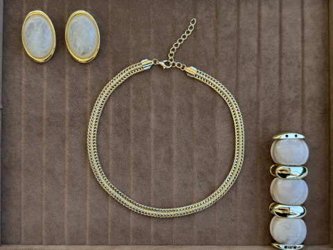 Krem Taşlı Takım - Kalın Zincir Kolye, Krem Taşlı Kalın Bileklik, Krem Taşlı Büyük Küpe