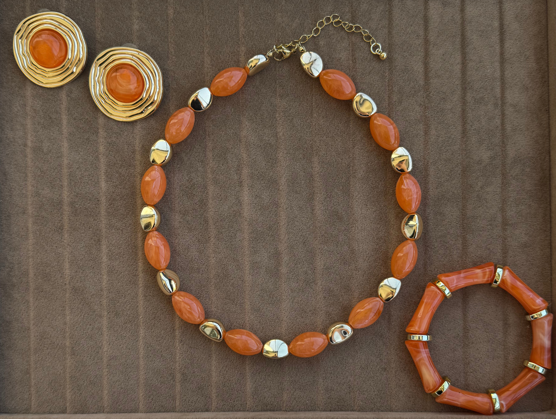 Turuncu Taşlı Takım - Turuncu Taşlı Kolye, Turuncu Taşlı Bileklik, Turuncu Taşlı Büyük Küpe